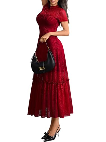 GothDark Womens Elegant Vintage Floral Lace Dress Short Sleeve Double Layer Gothic Midi Wedding Guest Cocktail Dresses Red