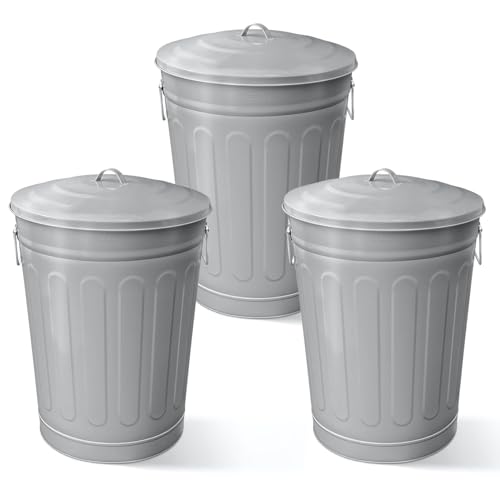 Image of Plexon 13 Gallon Metal Trash Can with Lid Outdoor Vintage Trash Can Steel Retro Garbage Can for Kitchen Farmhouse Rustic Bird Seed Storage Pet Food Cute Bucket, Gray 3 Pack