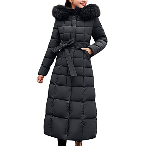Lange Steppmantel Damen Winter Daunenjacke mit Kunstfellkragen & Kapuze Winterjacke Winddicht Parka Daunenmantel mit Gürtel und Taschen Warme Parka Damen Mantel Elegant...