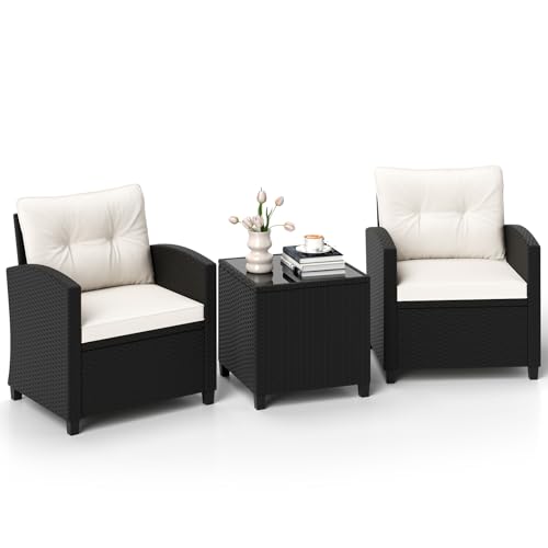 LIFEZEAL Ensemble Mobiliers de Jardin 3 Pièces, 2 Fauteuils en Rotin PE avec Coussins et Table Basse Carrée en Verre Trempé, Intérieur Extérieur,...