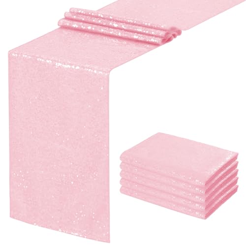 Sequin Table Runners 5 Pieces Pink Table Runners 12x72 Inch Glitter Dining Table Cover for Party Wedding Birthday Reception Banquet Decoration Spring Valentine Party Chair Sashes