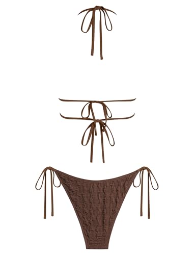 Image of ZAFUL Halter Swimsuits for Women Textured Backless 2 Piece Bathing Suits Cheeky High Cut String Tie Side Bikini Sets