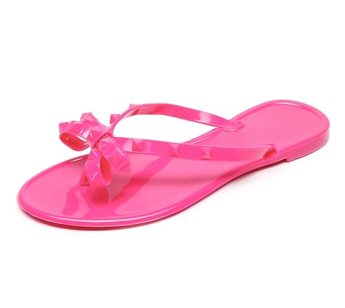 Image of Studded Jelly Shoes for Womens Bow Flip Flops Jellies Sandals Flat Black Summer Beach Thong with Rivets Strappy Slides Slip On