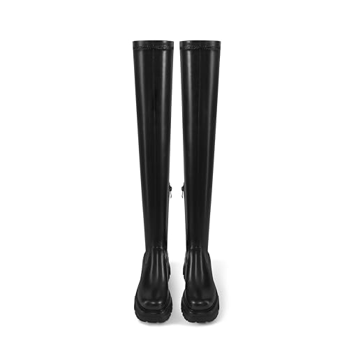 Women Thick sole Round toe Black Side Zippers Thigh High Boots Ladies Solid Elastic Over Knee High Boots4