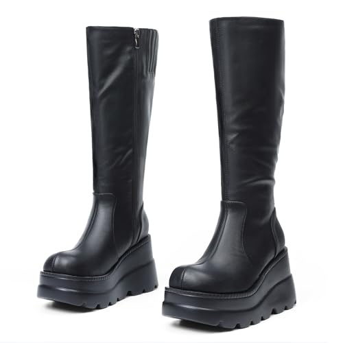 Womens High Platform Mid Calf Wedges Chunky High Heel Round-Toe Side Zip Fanshion Combat Boots For Women