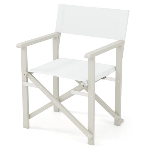 Giantex Folding Director Chair, Lightweight Patio Camping Chair with Sturdy Wooden Frame & White Canvas, Portable Folding Chairs for Outdoor, Patio, Poolside, Camping Use, No Assembly