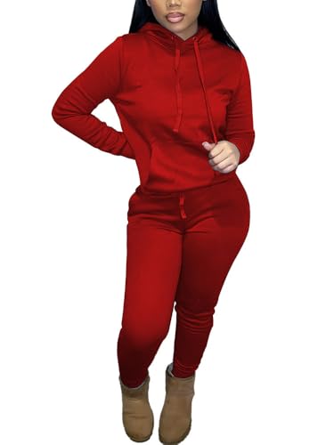 Nimsruc 2 Piece Outfits for Women Casual Sweatsuits Set Long Sleeve Hoodie Tracksuit Matching Jogger Pants Sets RedB L