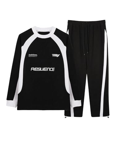 Men's 2 Piece Sweat Set Long Sleeve Letter Graphic Sweatshirts and Drawstring Waist Baggy Sweatpants