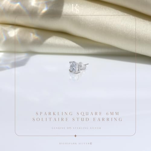 Image of HIGHSPARK 925 Silver Men's Square Solitaire Stud Earring | 92.5 Sterling Silver and Diamond like Brilliance Sparkling Zirconia | Single Stud for Men | Lovely Gift