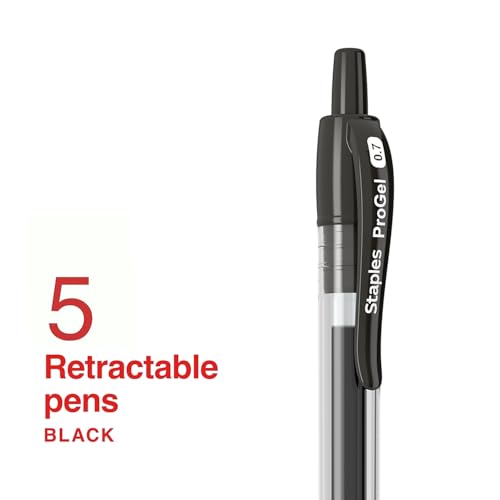 Image of STAPLES Retractable Gel Pens, Fine Point 0.7mm, Black Ink, 5 Pack - ProGel Quick‑Dry Pens for Smooth Writing at Work & School