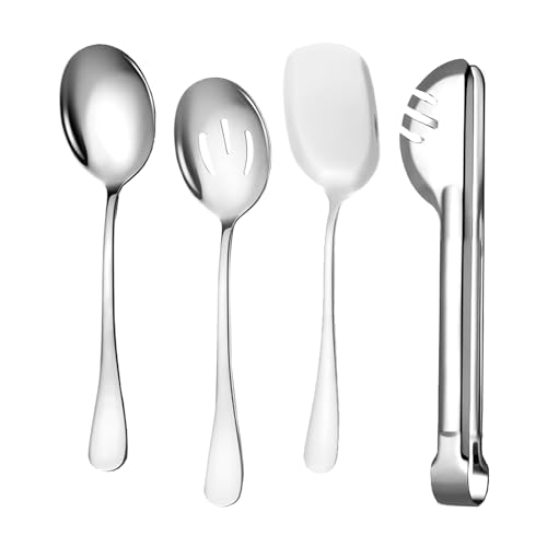 Juego de 4 cucharas de servir grandes, pinzas de cocina de acero inoxidable plateadas, cucharas ranuradas, palas para bufé, fiestas, bodas, cenas