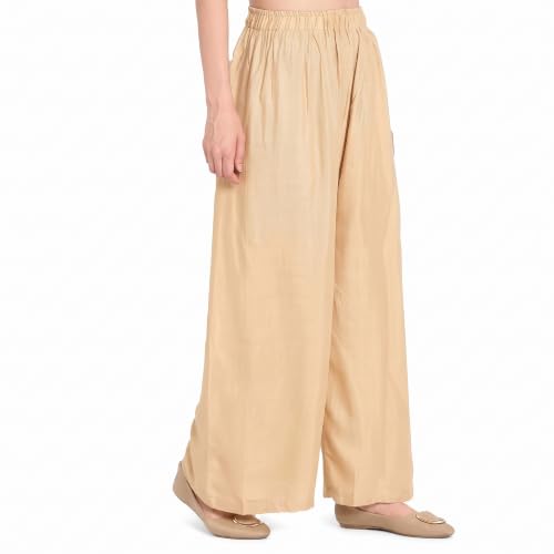 Image of FASHION GALLERY Women's Solid Rayon Palazzo Pants | Relaxed Fit Full Length Wide Leg Palazzo | Elastic Waist Comfortable Casual Lounge Office Ethnic Flared Trousers for Women