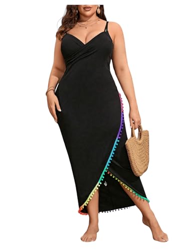 OYOANGLE Women's Plus Size Wrap V Neck Sleeveless Pom Pom Trim Beach Dress Cover Up Beachwear4