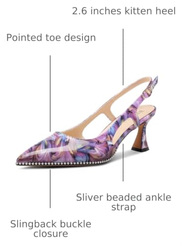 Image of TNYNFBEB Womens Kitten Heel Pointed Toe Pumps Sliver Beaded Slingback Slip-on Buckle Prom Dress Basic Classic Patent Leather Summer 2.6 Inches Heels