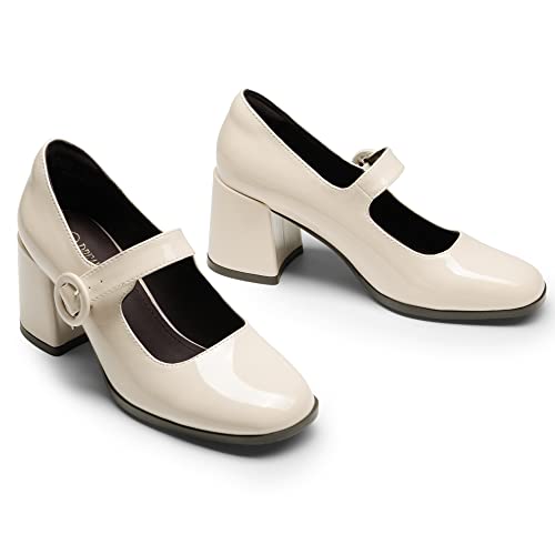 DREAM PAIRS Chunky Heels for Women Block Heels Closed Toe Mary Jane Shoes Comfortable Dress Office Church Pumps,Size 8.5,Bright Beige White,SDPU2232W