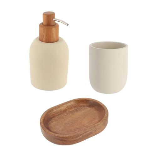 Tendance - Juego de dispensador de jabón y portajabón en Cemento de poliresina y Acacia Redondeada - Beige - Baño - Accesorio de baño Independiente