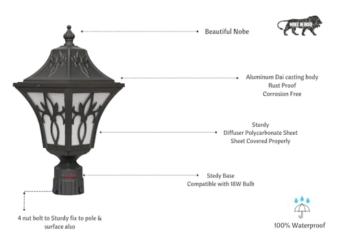 Image of Azurite Outdoor Aluminium dai Casting gate lamp Waterproof Unbreakable B-22 Holder, Exterior Beautiful Grey Outdoor Poles & Piller gate lamp (Include Bulb) (Pack of 1)