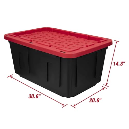 Image of 27 Gallon Large Storage Bin with Snap Lid, Black and Red, Heavy Duty Plastic, Stackable, 30.6x20.6x14.3 Inches, Set of 4 (27 Gallon, 6)