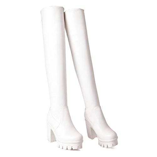 DOSOMI Women Platform Chunky Heeled Thigh High Booties Antiskid PU Leather Motorcycle Boot Stretch Over The Knee High Boots White