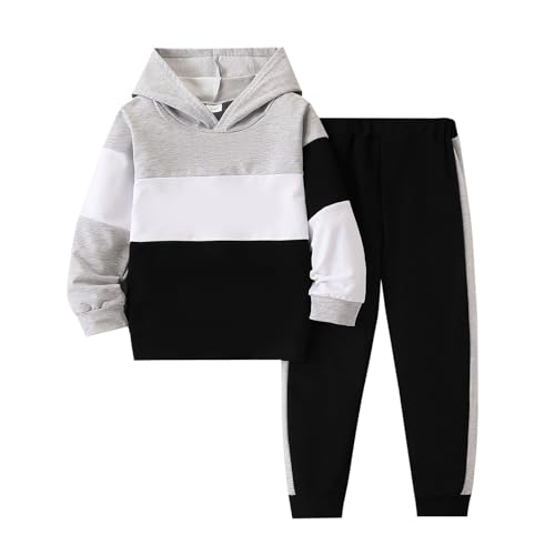 Image of 5-11Y Boys Clothes Long Sleeve Hooded Pullover Colorblock Sweatshirt + Pants 2pcs Fall Winter Outfit Set