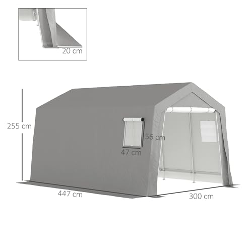 Outsunny Gerätehaus mit Satteldach wasserdicht Gerätezelt mit Türen, Fenster, Anti-Staub-Fahrradabdeckung, Foliengerätehaus Fahradgarage für Terrasse Garten, 300 x 447 x 255 cm, Hellgrau