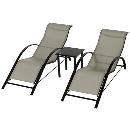 Outsunny Set de 2 Tumbonas Jardín Exterior con Mesa Auxiliar de Vidrio Templado Tumbonas con Respaldo Reposabrazos para Patio Piscina Terraza Exterior Gris