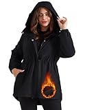 Hanna Nikole Women's Hooded Rain Jacket Plus Size Warm Fleece Waterproof Outdoor Long Rain Coat Black Windbreaker Pockets 3X
