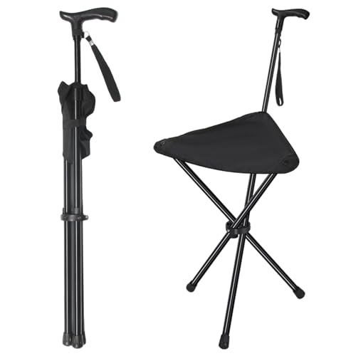 FATTCHIAR Cane with Seat, Adjustable Height 34.2'-39.7' Walking Stick with Seats, Cane Chair Capacity 220lbs, Folding Lightweight Portable Stool for Adults Seniors Camping Hiking-Black
