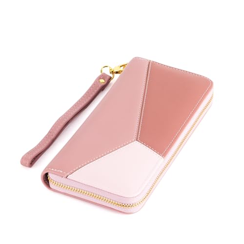 OYATON Pink Red Large Faux Leather Women's Color-Block Zipper Wristlet Wallet with Credit Card Cases, Long Clutch Wallet with Cell Phone Pocket