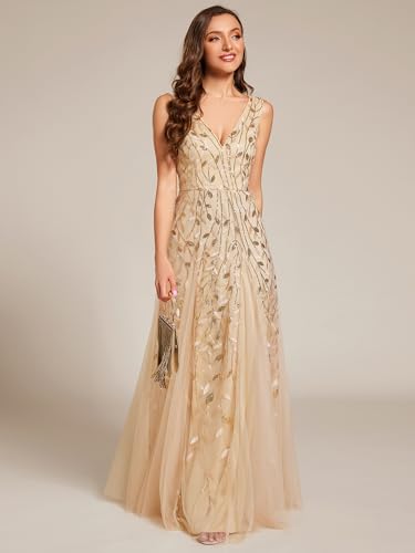 Image of Ever-Pretty Women's Prom Dresses V Neck Sleeveless Tulle Hem A-Line Sequins Maxi Ball Gowns 02130