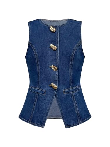 MakeMeChic Girl's Crew Neck Jean Top Sleeveless Metal Button Down Denim Vest Outerwear