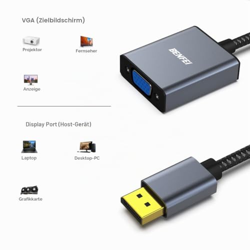 BENFEI DisplayPort auf VGA, Unidirektional DisplayPort DP Computor zu VGA Monitor Adapter 1080P (Stecker auf Buchse), kompatibel für Lenovo Dell HP ASUS [Nylon geflochten&Aluminum Alloy]