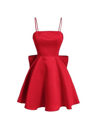 Image of WDIRARA Women's Satin Bow Homecoming Dresses Spaghetti Strap Wedding Guest Gown Summer Mini Dress