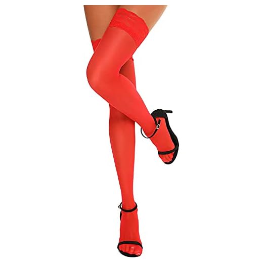 JFAN Medias para Mujer de Encaje Antideslizante de Seda Pantyhose de Medias Altos de Muslo Una Talla Rojo