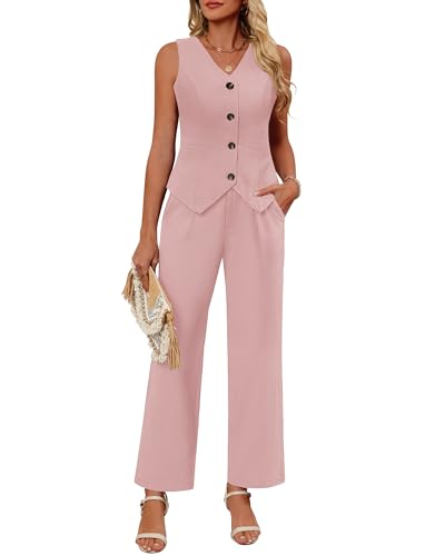 Ficerd Women's 2 Piece Outfits, Sleeveless Cotton Suit Vest and Wide Leg Pant Summer Business Casual Button V Neck Blazer Set(Pink,Large)