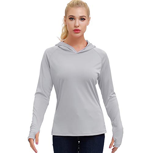 Women's UPF 50+ Sun Protection Long Sleeve T-Shirt Outdoor Rashguard Hiking Hoodies Athletic Top SPF Shirt All Season (Grey-Hoodie, M)