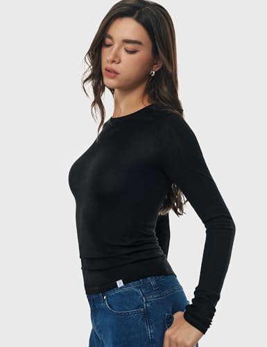 Image of Women's Merino Wool Blend Shirts Long Sleeve Tops Crew Neck Fitted Basic Tee Cozy Embrace Collection