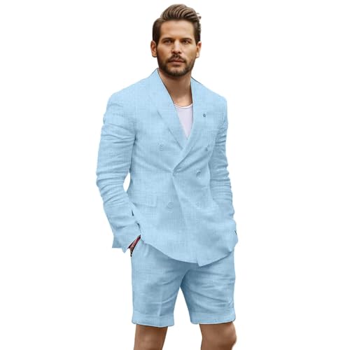 Men's Linen 2 Piece Suit Slim Fit Shorts Suit for Men Summer Casual Lightweight Beach Wedding Tuxedo Groomsmen Suits