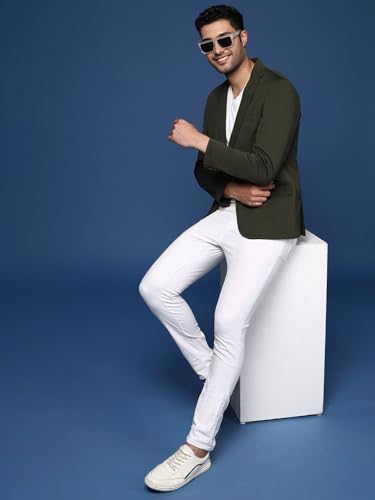 Image of SHOWOFFFF Men Solid Single Breasted Formal Blazer | Notched Lapel Full Sleeves Cotton Blazer for Mens | Slim Fit Regular Length Blazer for Men's