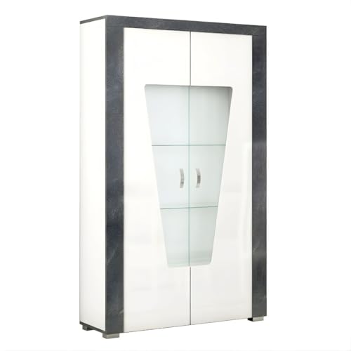 AltoBuy Vitrine 2 Portes avec LEDs laqué Blanc et Imitation Granit Gris - Newell