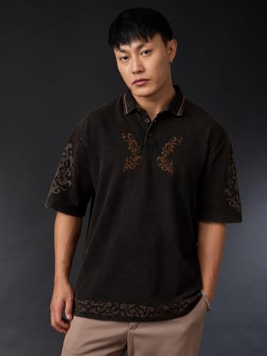 Image of The Souled Store Originals: Bommai Men and Boys Short Sleeve Collared Neck Brown Graphic Printed Vintage Fade Cotton Heavy Gauge Streetwear Casual Breathable Oversized Polos