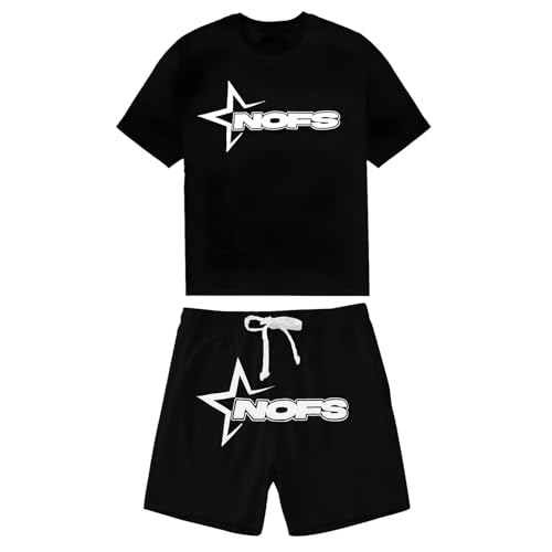 Herren NOFS Trainingsanzug Buchstaben Druck Lose T-Shirt und Jogginghosen Sommer Hip Hop Streetwear Unisex Lässig Oberteile und Sporthosen 2 Stück Anzug Y2K Shorts Set Jogger Tracksuit Freizeitanzug