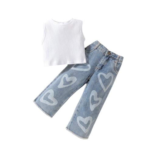 LUVCES Set di Vestiti per Bambina Casual Tinta Unita Canotta e Pantaloni in Denim con Stampa a Cuore Primaverili Estate Stile Street Vestiti Clothes Cuore d'amore bianco 3-4 Anni