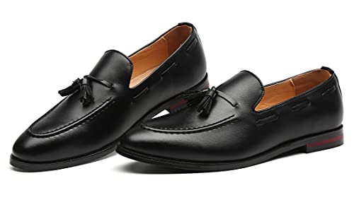 Santimon Mens Fashion Loafers Leather Casual Tassel Slip on Driving Flats Dress Shoes Black Brown4