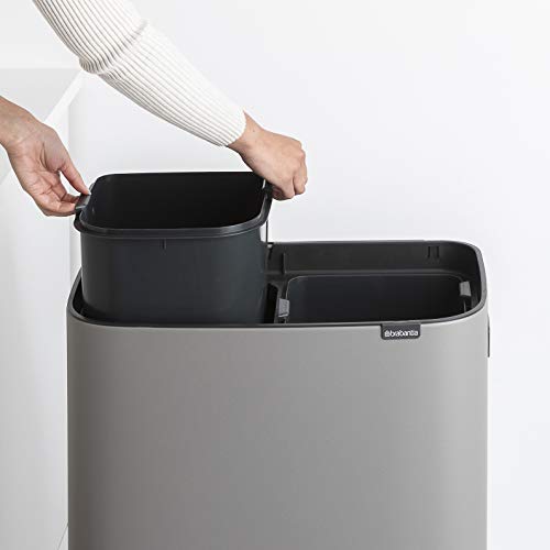Image of Brabantia Bo Hi Touch Top Kitchen Trash Can with Dual Compartments & Raised Legs | Mineral Concrete Gray | 2 x 8 Gal Inner Buckets | Soft-Close, Light Touch Opening, Stay-Open Lid | + Trash Bags