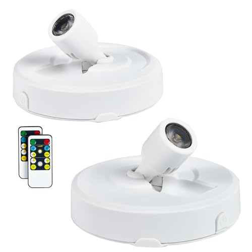 HOFUY 2-Pack LED Spot Light Indoor, Battery Operated Led Stick Up Lights with Remote, Wireless Spotlight Dimmable Puck Lights for Lighting up Paintings Pictures Accent Closet