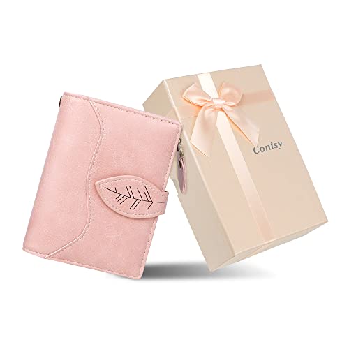 CONISY Small Wallet for Women, Compact Bifold Leather Wallet with Wristlet RFID Blocking Womens Wallet (Pink)3
