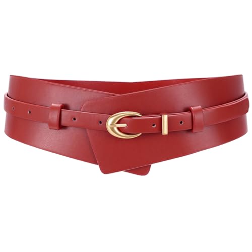JASGOOD Ceinture Femme Large en Cuir Ceinture Robe Élégante 2-en-1 avec Ceinture Fine pour Costumes Robe,Rouge,Taille 95-110 cm(Longueur 105 cm)