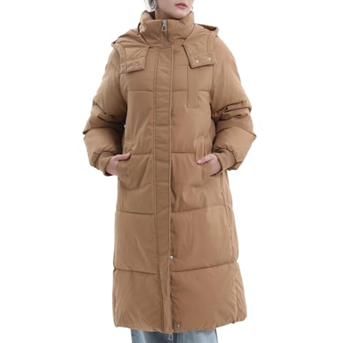 Image of PUFFIT Women Long Puffer Jacket Hood Winter Water Repellent Wind-resistant Warm Ladies Quilted Padded Coat Big Pocket