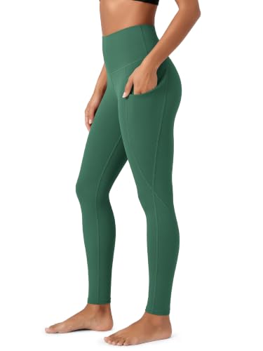 ODODOS Women's High Waisted Full Length Yoga Leggings with Pockets, 28" Inseam Tummy Control Non See Through Workout Athletic Running Yoga Pants, Dark Green, Small